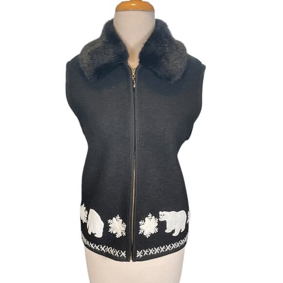 Vintage Eminent By Lisa Sweater Vest Women Small Black Boiled Wool Polar Bear - Picture 1 of 13
